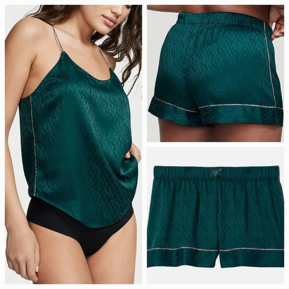 Victoria's Secret Emerald Green Satin Pajama Set with Camisole and Shorts